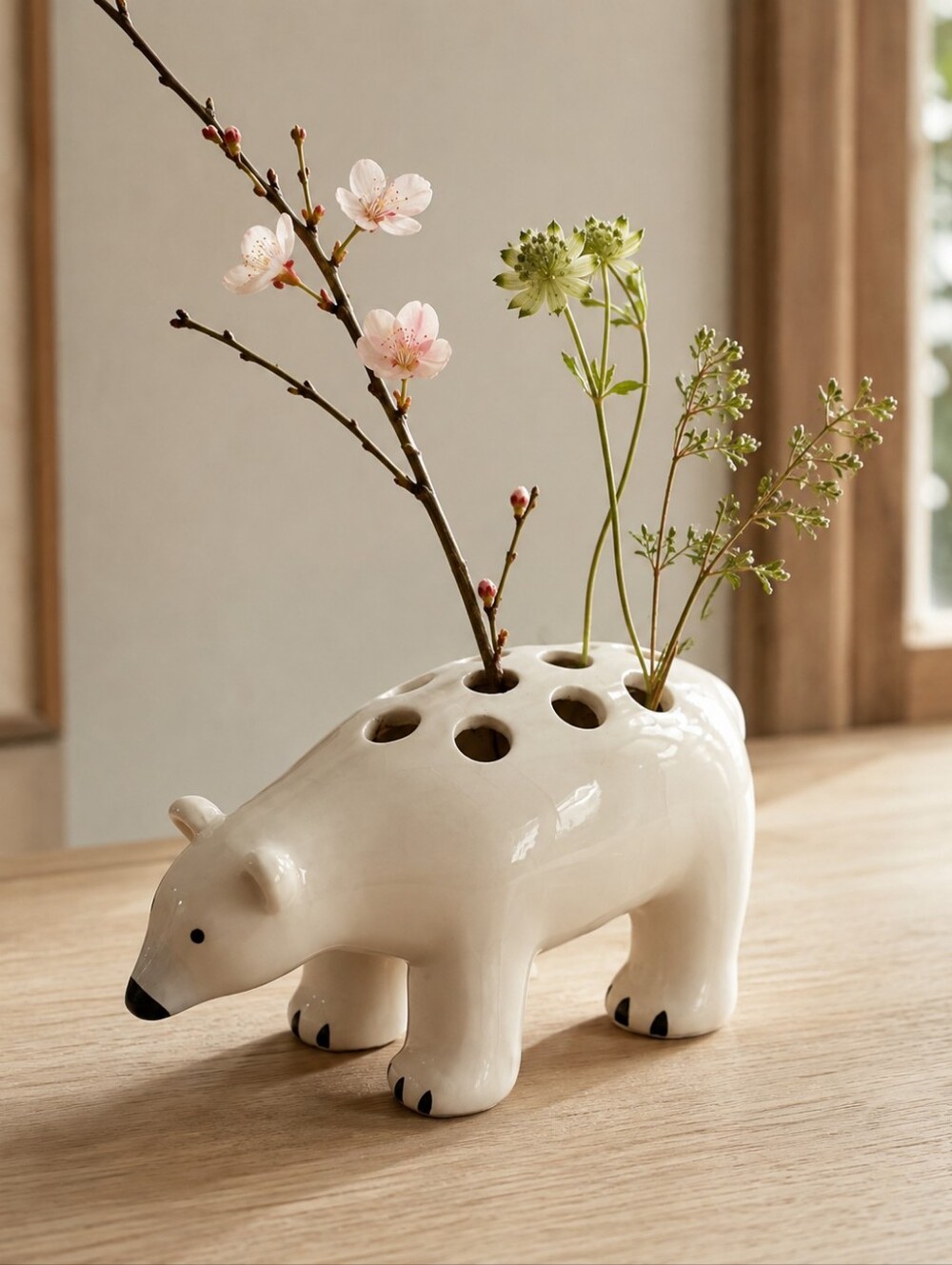 Vintage Polar Bear Ceramic Flower Frog Ikebana Vase Animal Figurine